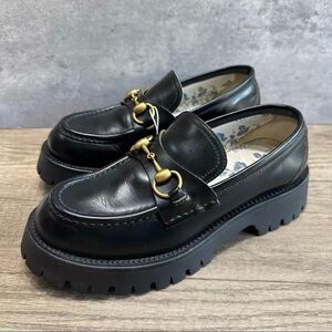 Gucci Black Leather Loafers with Gold Hardware